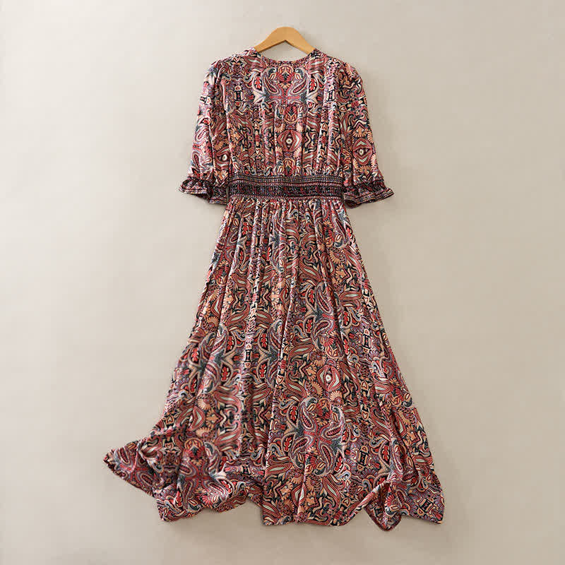 Buddha Stones Robe longue d'été à motif cachemire paon, taille nouée, manches lanternes en viscose - image 9