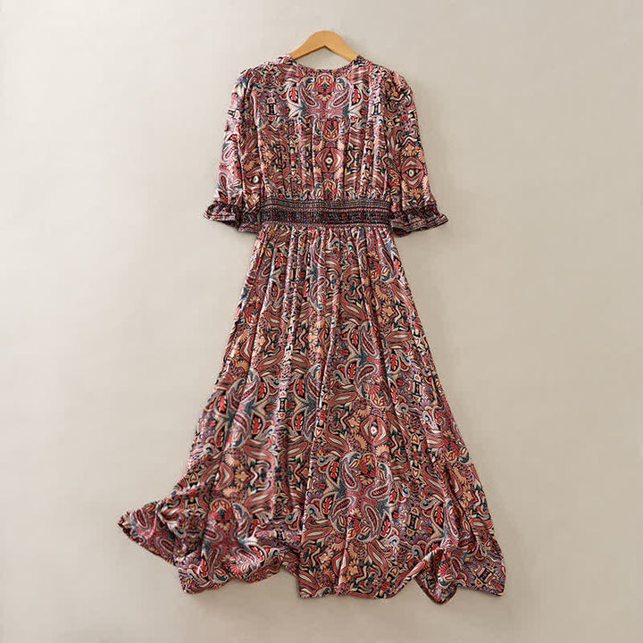 Buddha Stones Robe longue d'été à motif cachemire paon, taille nouée, manches lanternes en viscose - image 9