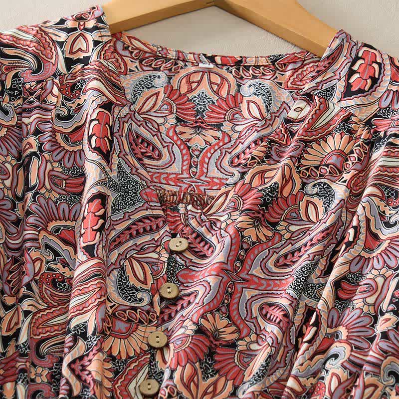 Buddha Stones Robe longue d'été à motif cachemire paon, taille nouée, manches lanternes en viscose - image 10