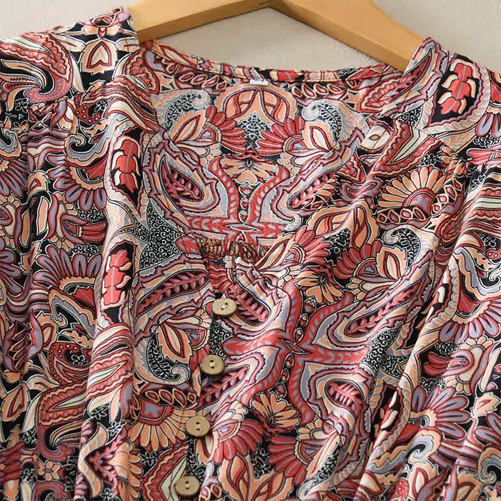 Buddha Stones Robe longue d'été à motif cachemire paon, taille nouée, manches lanternes en viscose - image 10