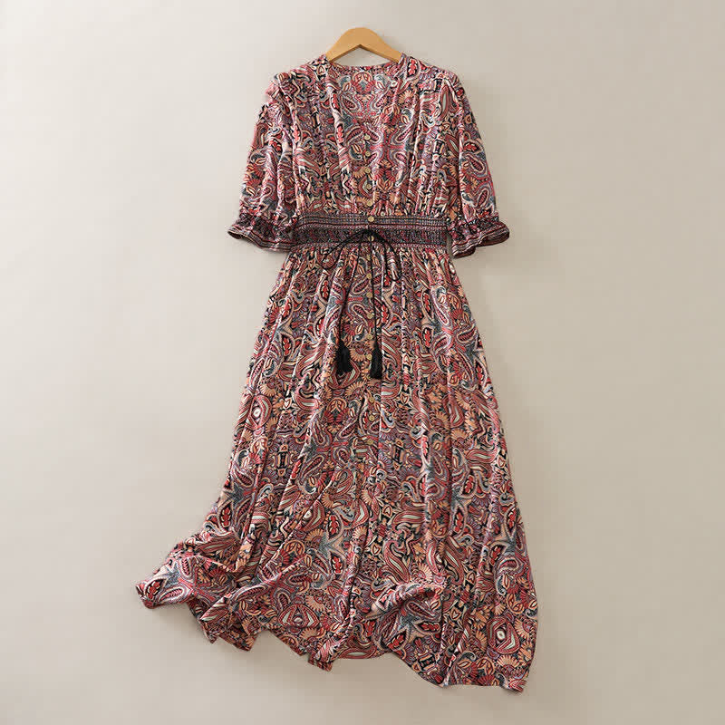 Buddha Stones Robe longue d'été à motif cachemire paon, taille nouée, manches lanternes en viscose - Terre de sienne - US12，UK/AU16，EU44 (XL) - image 8