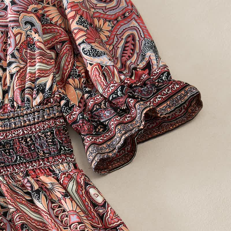 Buddha Stones Robe longue d'été à motif cachemire paon, taille nouée, manches lanternes en viscose - image 15
