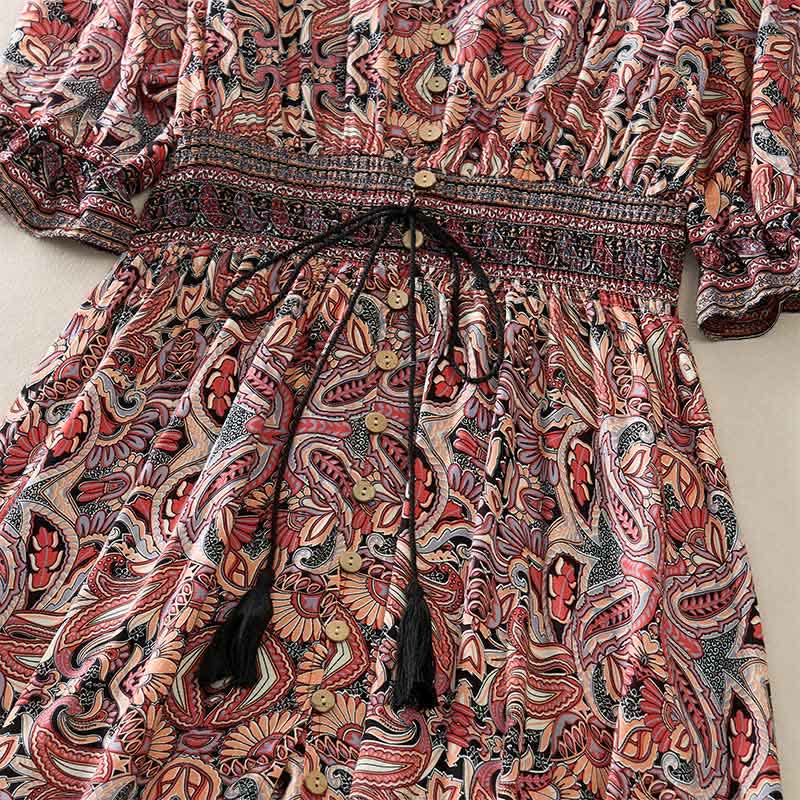 Buddha Stones Robe longue d'été à motif cachemire paon, taille nouée, manches lanternes en viscose - image 12