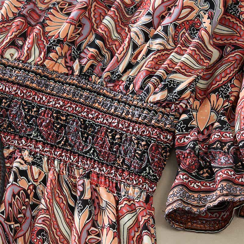 Buddha Stones Robe longue d'été à motif cachemire paon, taille nouée, manches lanternes en viscose - image 13