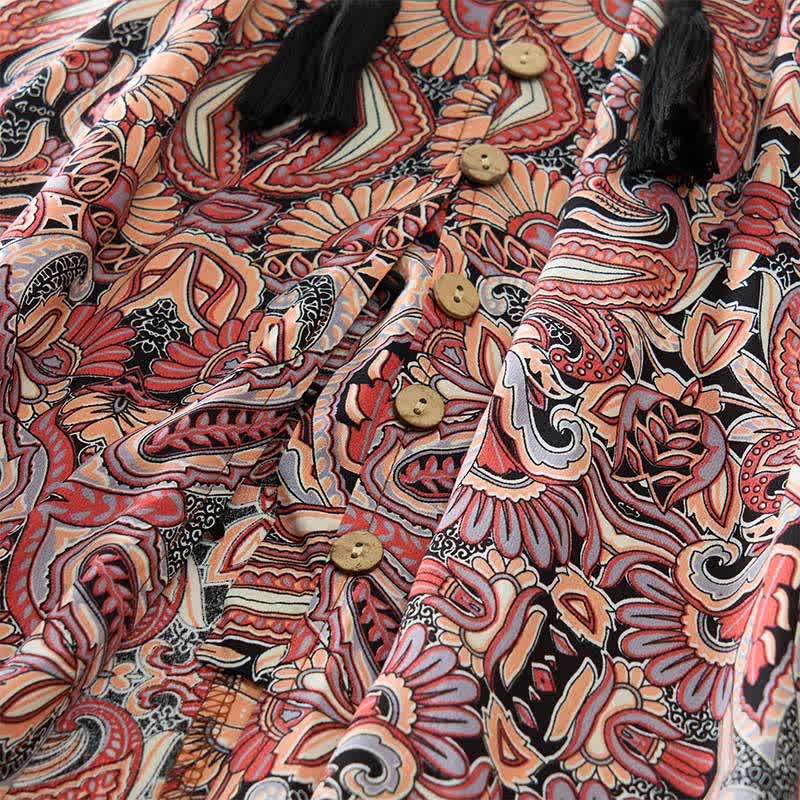 Buddha Stones Robe longue d'été à motif cachemire paon, taille nouée, manches lanternes en viscose - image 14