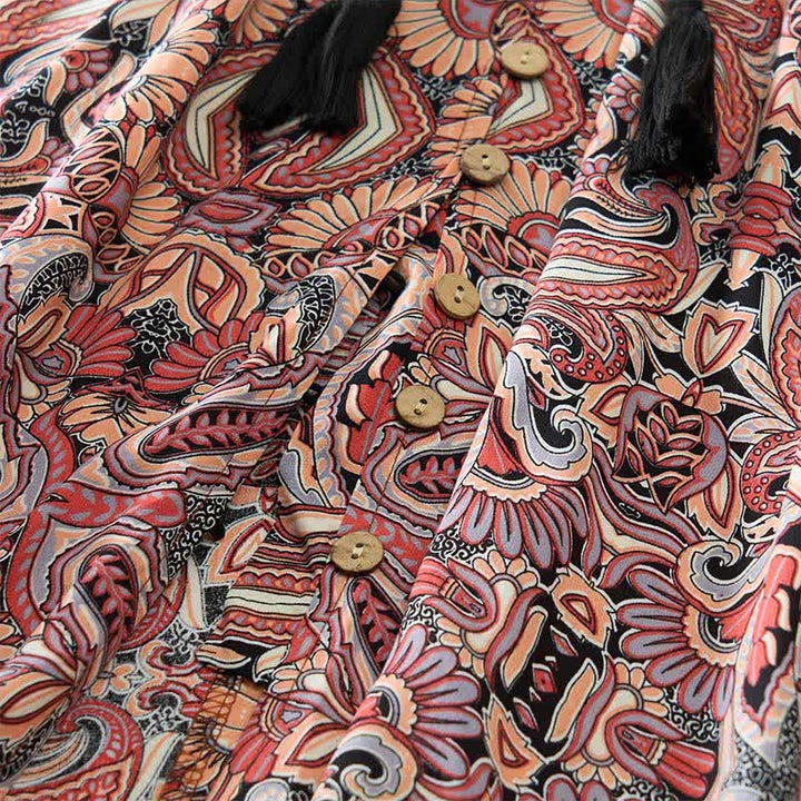 Buddha Stones Robe longue d'été à motif cachemire paon, taille nouée, manches lanternes en viscose - image 14