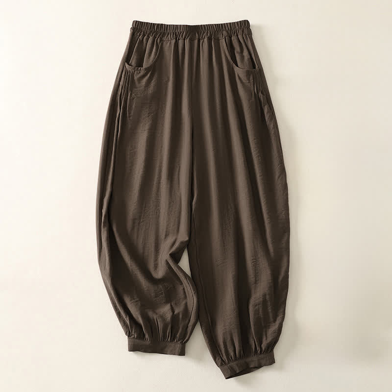 Buddha Stones Pantalon Capri harem femme couleur unie, taille élastique, été - SaddleBrown - US8-10，UK/AU12-14，EU40-42 (2XL) - image 0