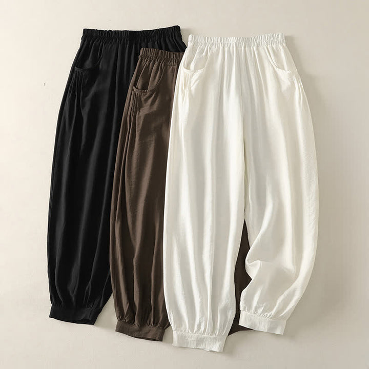 Buddha Stones Pantalon Capri harem femme couleur unie, taille élastique, été - image 16