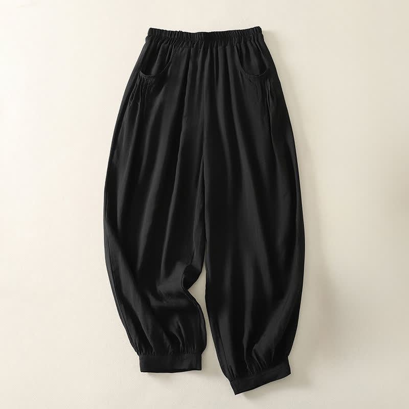Buddha Stones Pantalon Capri harem femme couleur unie, taille élastique, été - Noir - US8-10，UK/AU12-14，EU40-42 (2XL) - image 4