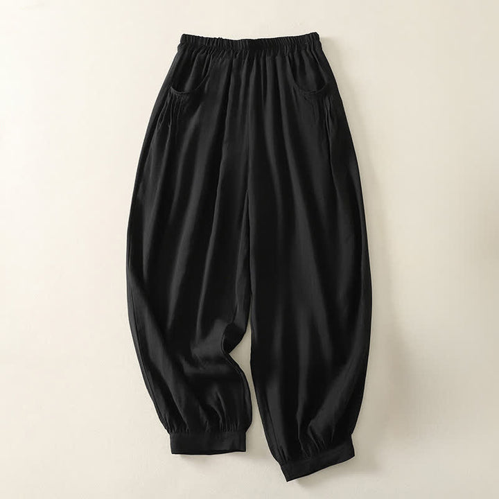 Buddha Stones Pantalon Capri harem femme couleur unie, taille élastique, été - Noir - US8-10，UK/AU12-14，EU40-42 (2XL) - image 4