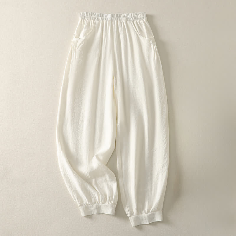 Buddha Stones Pantalon Capri harem femme couleur unie, taille élastique, été - Blanc antique - US8-10，UK/AU12-14，EU40-42 (2XL) - image 8