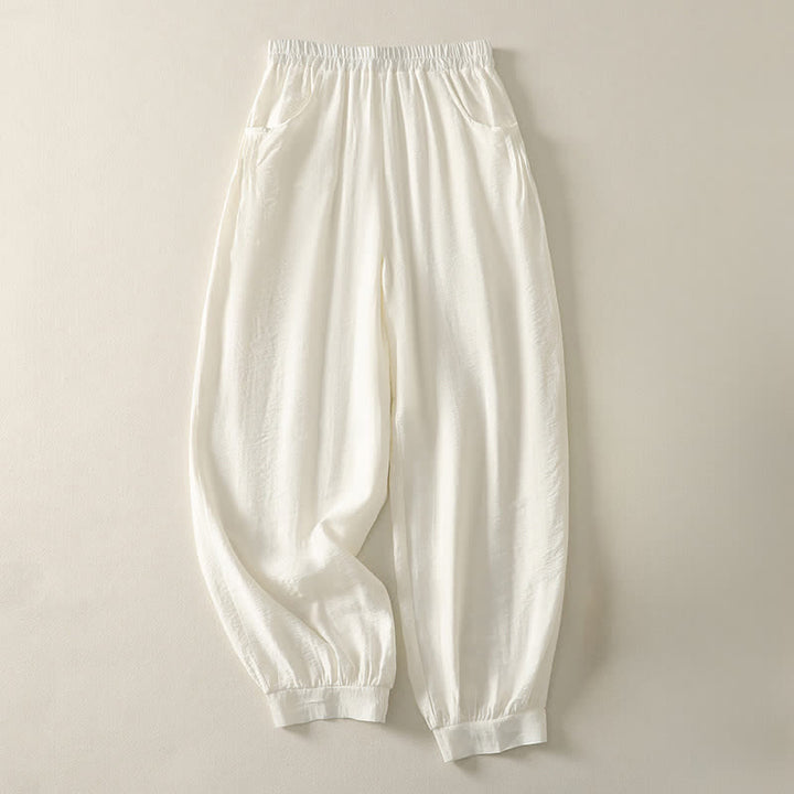 Buddha Stones Pantalon Capri harem femme couleur unie, taille élastique, été - Blanc antique - US8-10，UK/AU12-14，EU40-42 (2XL) - image 8