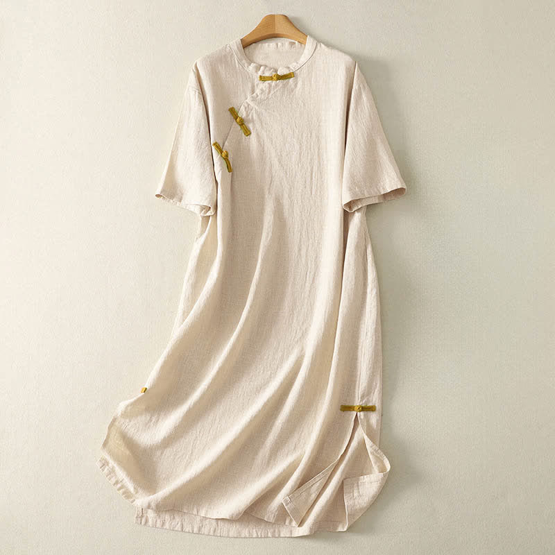 Buddha Stones Robe courte en coton à manches courtes et poches, longueur genou, boutonnée grenouille, style printemps - Coquillage - US12，UK/AU16，EU44 (2XL) - image 0