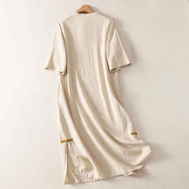Buddha Stones Robe courte en coton à manches courtes et poches, longueur genou, boutonnée grenouille, style printemps - image 1