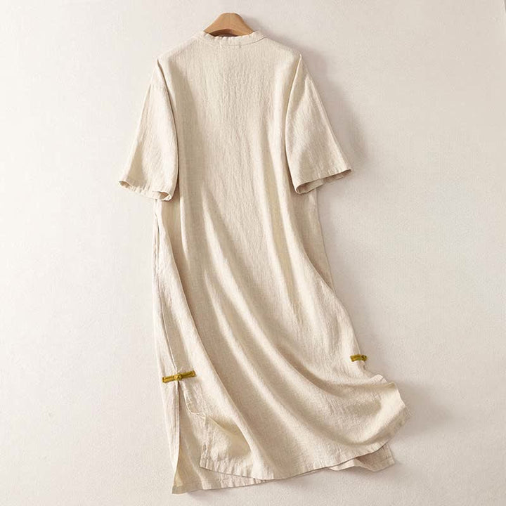 Buddha Stones Robe courte en coton à manches courtes et poches, longueur genou, boutonnée grenouille, style printemps - image 1
