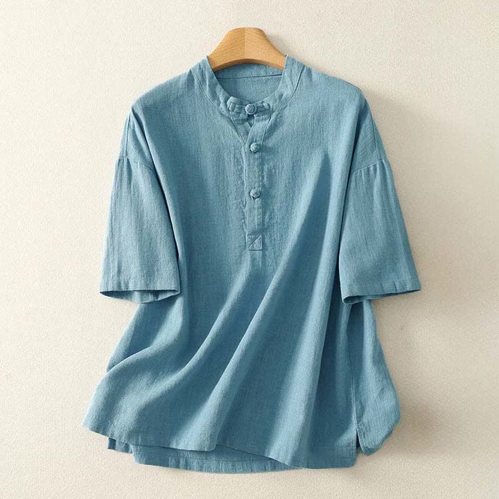 Buddha Stones Chemise d'été à manches courtes en coton pour femme, col montant et boutons - Bleu clair - US8-10，UK/AU12-14，EU40-42 (2XL) - image 0
