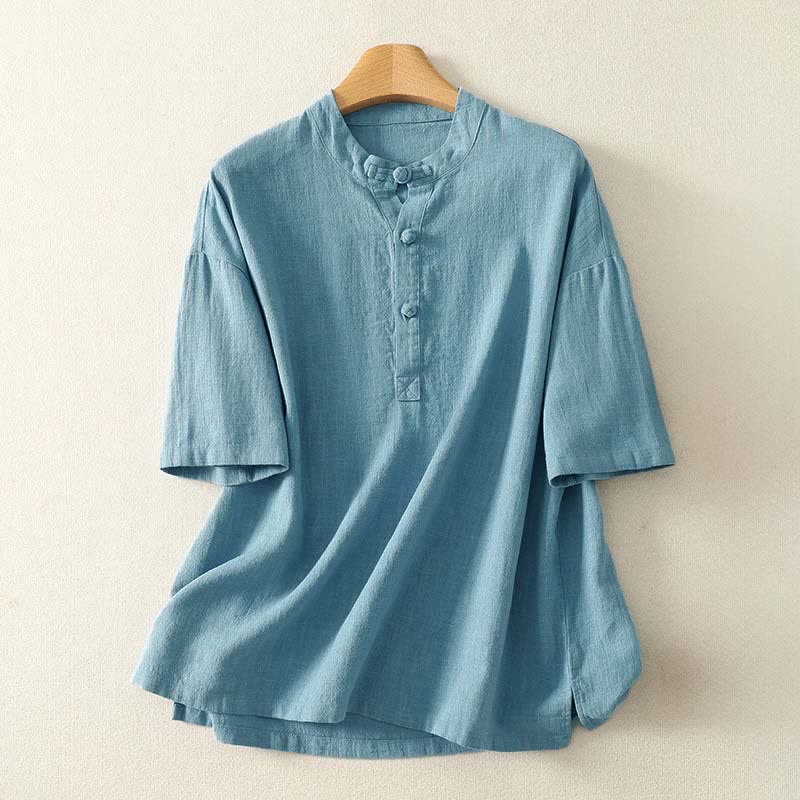 Buddha Stones Chemise d'été à manches courtes en coton pour femme, col montant et boutons - Bleu clair - US8-10，UK/AU12-14，EU40-42 (2XL) - image 0