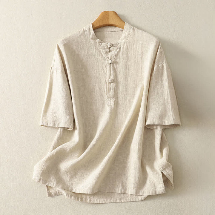 Buddha Stones Chemise d'été à manches courtes en coton pour femme, col montant et boutons - Lin - US8-10，UK/AU12-14，EU40-42 (2XL) - image 5