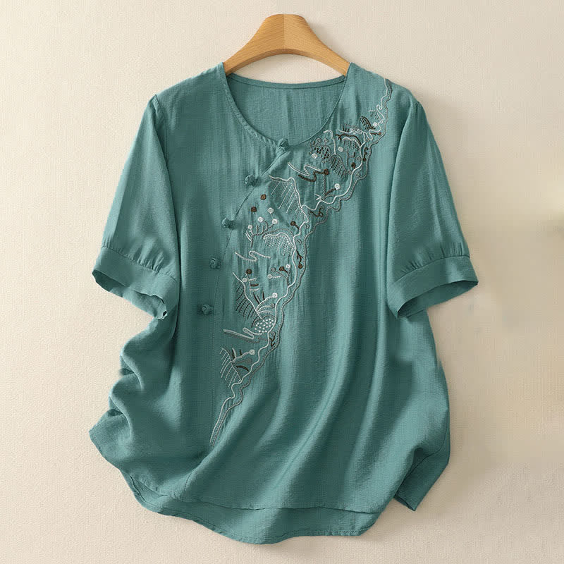 Buddha Stones Chemise à manches courtes pour femme, col rond, brodée, motif montagne d'été - Vert clair - US12，UK/AU16，EU44 (3XL) - image 0