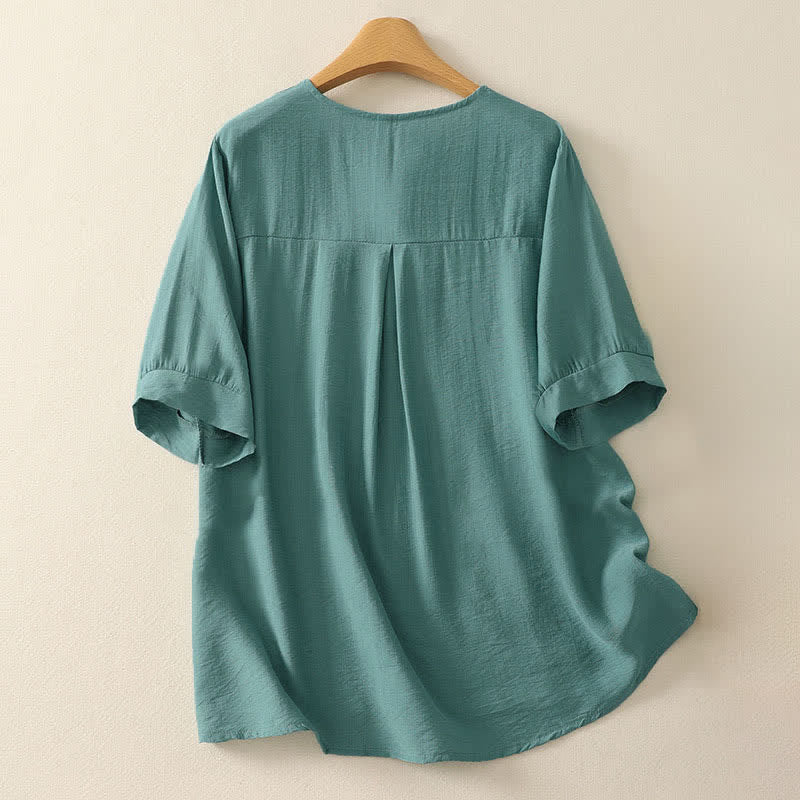 Buddha Stones Chemise à manches courtes pour femme, col rond, brodée, motif montagne d'été - image 1