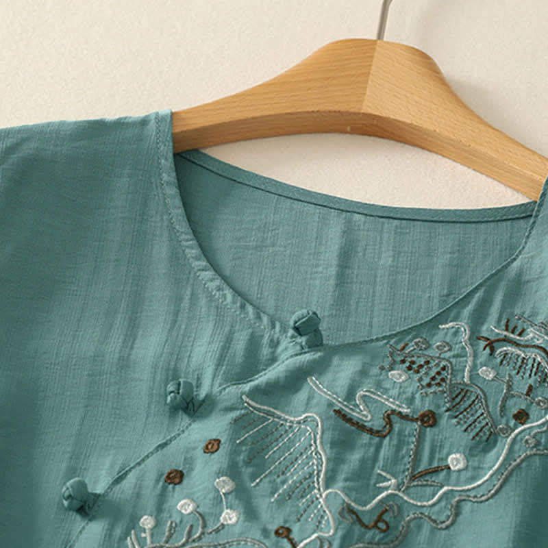 Buddha Stones Chemise à manches courtes pour femme, col rond, brodée, motif montagne d'été - image 2