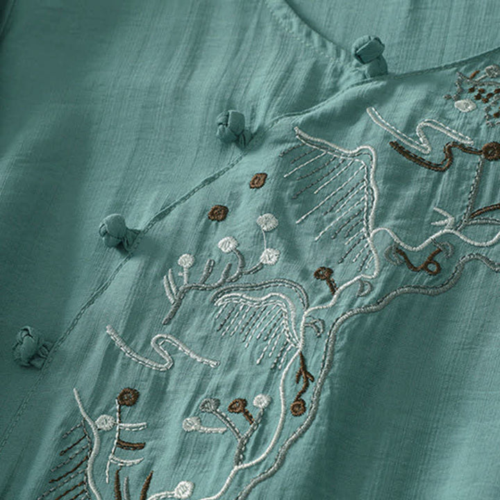 Buddha Stones Chemise à manches courtes pour femme, col rond, brodée, motif montagne d'été - image 4