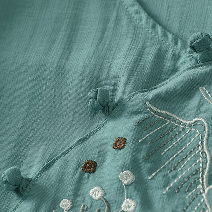 Buddha Stones Chemise à manches courtes pour femme, col rond, brodée, motif montagne d'été - image 5