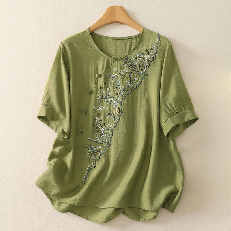 Buddha Stones Chemise à manches courtes pour femme, col rond, brodée, motif montagne d'été - JauneVert - US12，UK/AU16，EU44 (3XL) - image 10