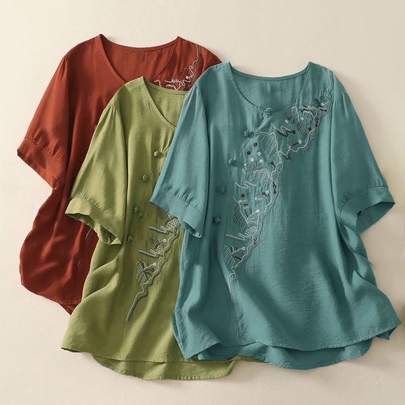 Buddha Stones Chemise à manches courtes pour femme, col rond, brodée, motif montagne d'été - image 20