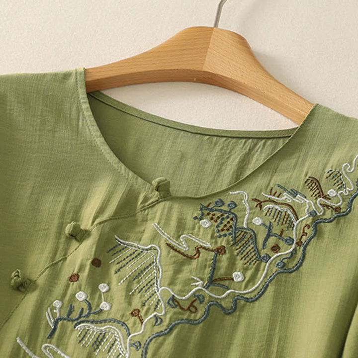 Buddha Stones Chemise à manches courtes pour femme, col rond, brodée, motif montagne d'été - image 11