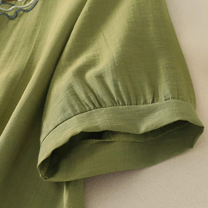 Buddha Stones Chemise à manches courtes pour femme, col rond, brodée, motif montagne d'été - image 13