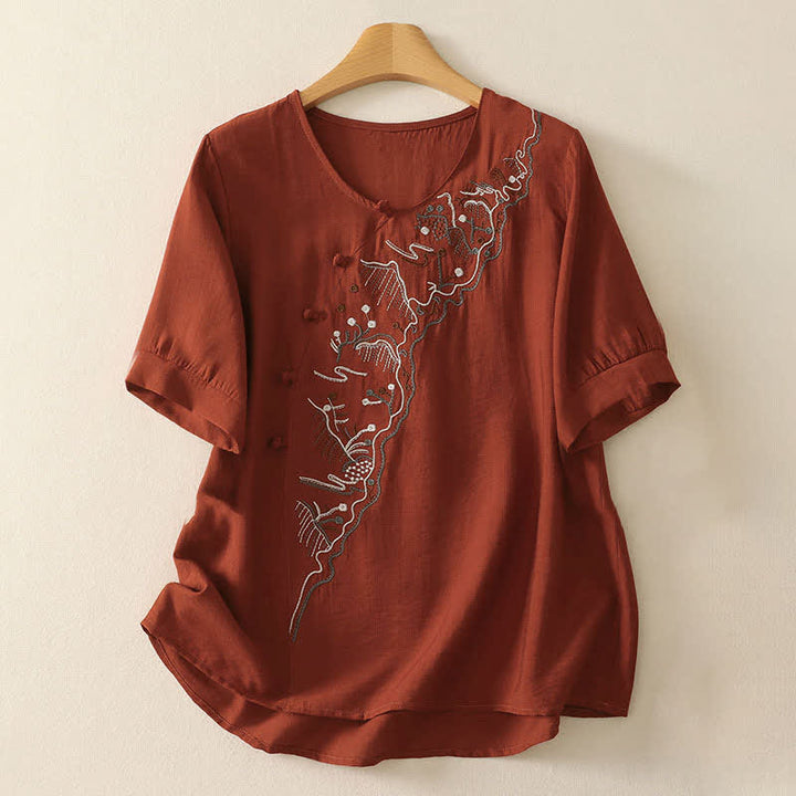 Buddha Stones Chemise à manches courtes pour femme, col rond, brodée, motif montagne d'été - FireBrick - US12，UK/AU16，EU44 (3XL) - image 15