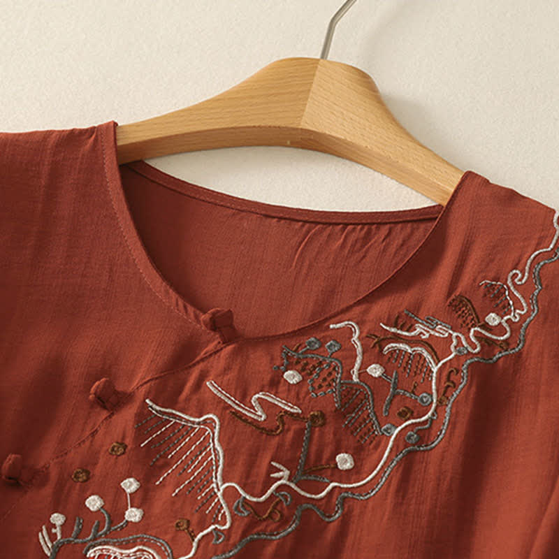 Buddha Stones Chemise à manches courtes pour femme, col rond, brodée, motif montagne d'été - image 16
