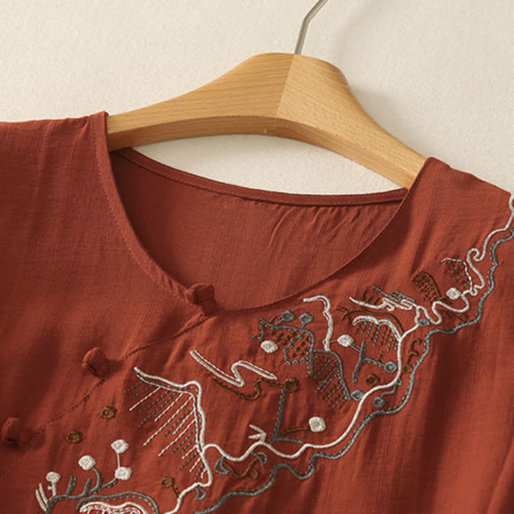 Buddha Stones Chemise à manches courtes pour femme, col rond, brodée, motif montagne d'été - image 16