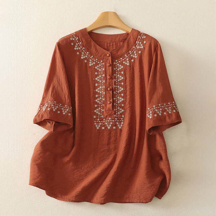 Buddha Stones Chemise à manches courtes pour femme en coton brodé printanier à demi-boutons - Tomate - US8-10，UK/AU12-14，EU40-42 (2XL) - image 0