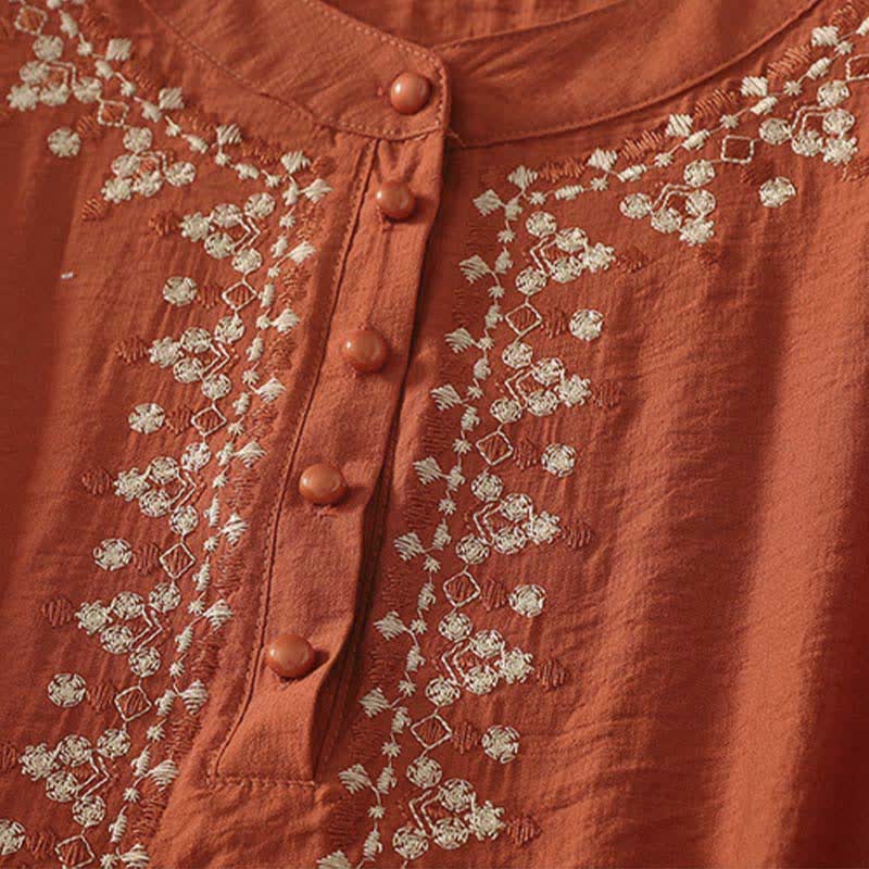 Buddha Stones Chemise à manches courtes pour femme en coton brodé printanier à demi-boutons - image 2