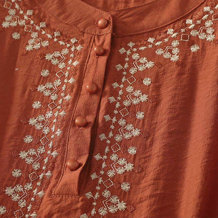 Buddha Stones Chemise à manches courtes pour femme en coton brodé printanier à demi-boutons - image 2