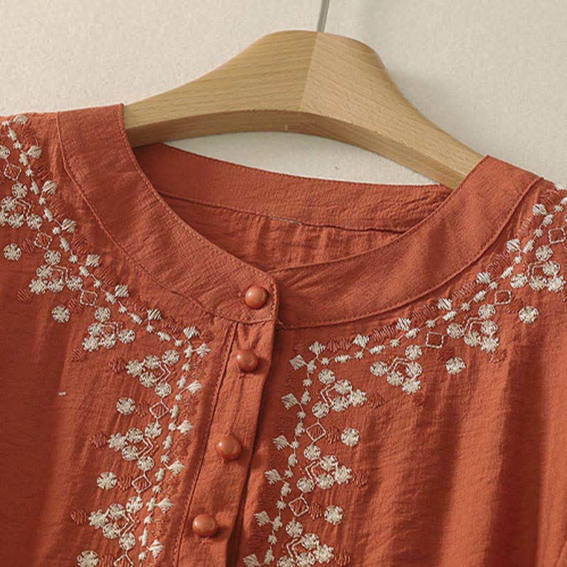 Buddha Stones Chemise à manches courtes pour femme en coton brodé printanier à demi-boutons - image 1