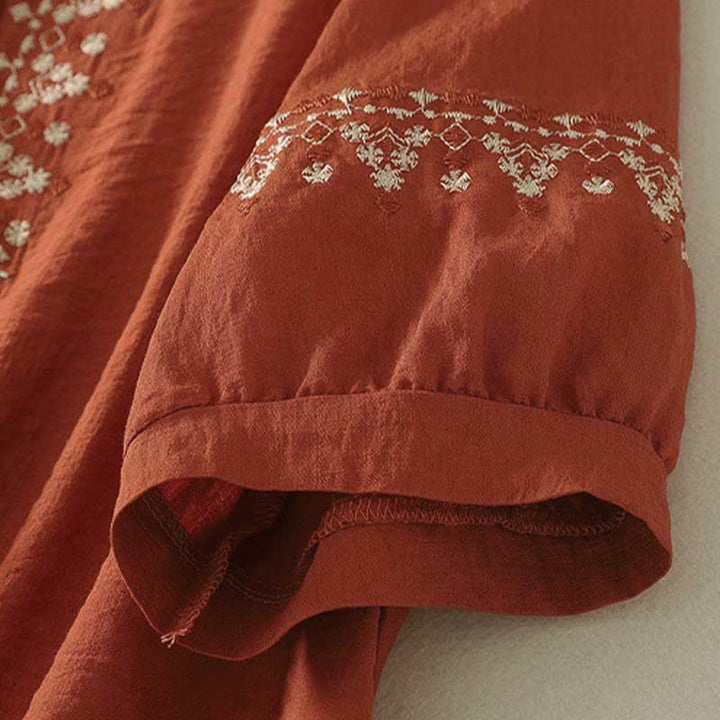 Buddha Stones Chemise à manches courtes pour femme en coton brodé printanier à demi-boutons - image 3