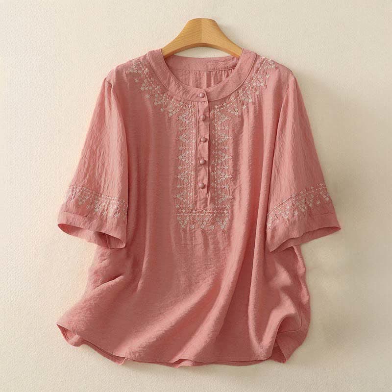 Buddha Stones Chemise à manches courtes pour femme en coton brodé printanier à demi-boutons - Saumon foncé - US8-10，UK/AU12-14，EU40-42 (2XL) - image 5