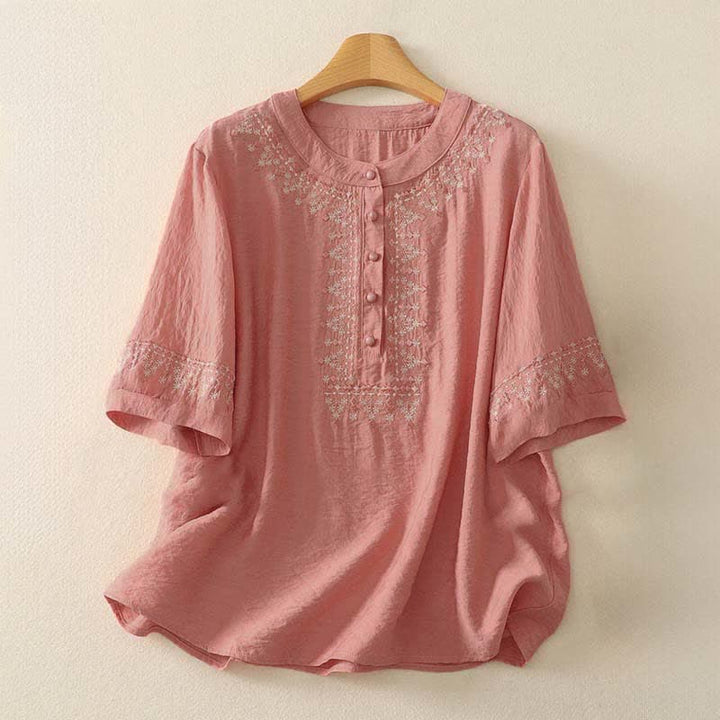Buddha Stones Chemise à manches courtes pour femme en coton brodé printanier à demi-boutons - Saumon foncé - US8-10，UK/AU12-14，EU40-42 (2XL) - image 5