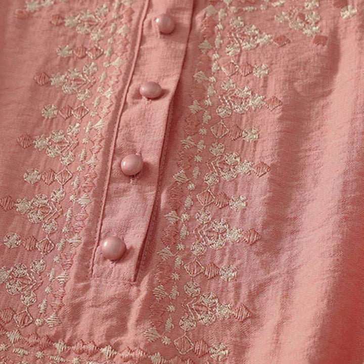 Buddha Stones Chemise à manches courtes pour femme en coton brodé printanier à demi-boutons - image 9