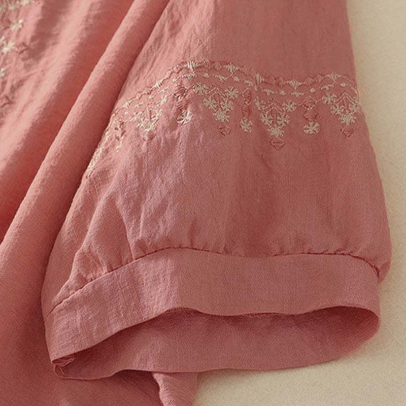 Buddha Stones Chemise à manches courtes pour femme en coton brodé printanier à demi-boutons - image 11