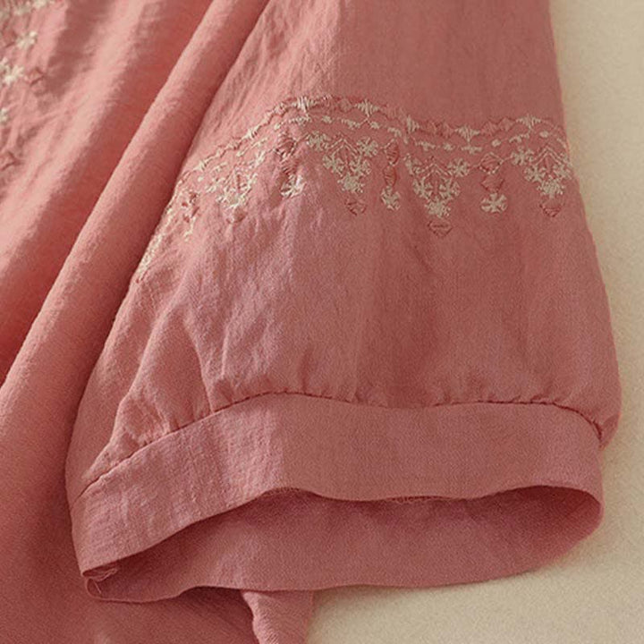 Buddha Stones Chemise à manches courtes pour femme en coton brodé printanier à demi-boutons - image 11