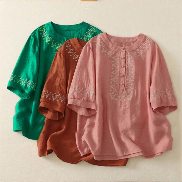 Buddha Stones Chemise à manches courtes pour femme en coton brodé printanier à demi-boutons - image 20
