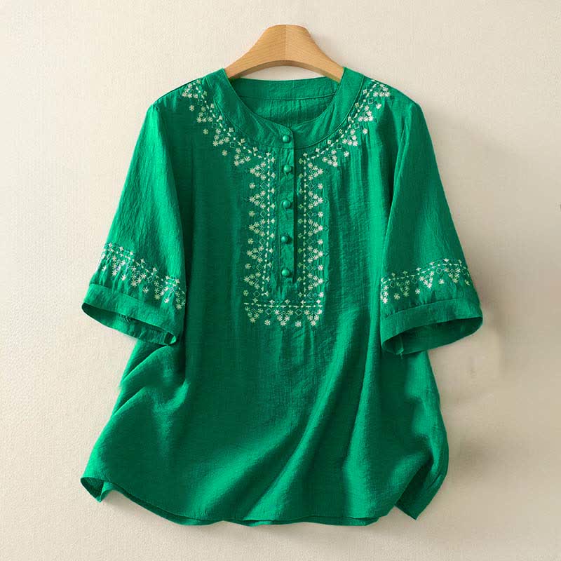 Buddha Stones Chemise à manches courtes pour femme en coton brodé printanier à demi-boutons - Vert printanier moyen - US8-10，UK/AU12-14，EU40-42 (2XL) - image 15