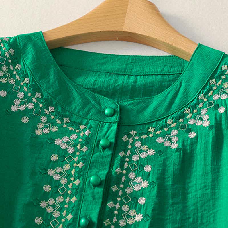 Buddha Stones Chemise à manches courtes pour femme en coton brodé printanier à demi-boutons - image 16
