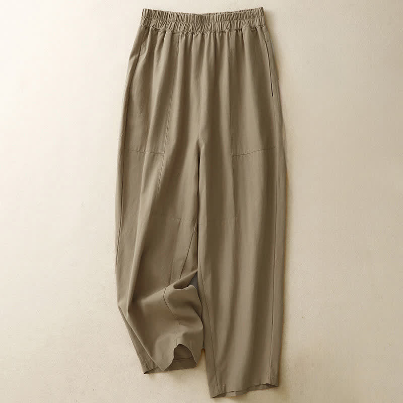 Buddha Stones Pantalon droit pour femme en coton, couleur unie, taille élastique, avec poches, idéal pour le printemps - Tanné - US8-10，UK/AU12-14，EU40-42 (2XL) - image 0
