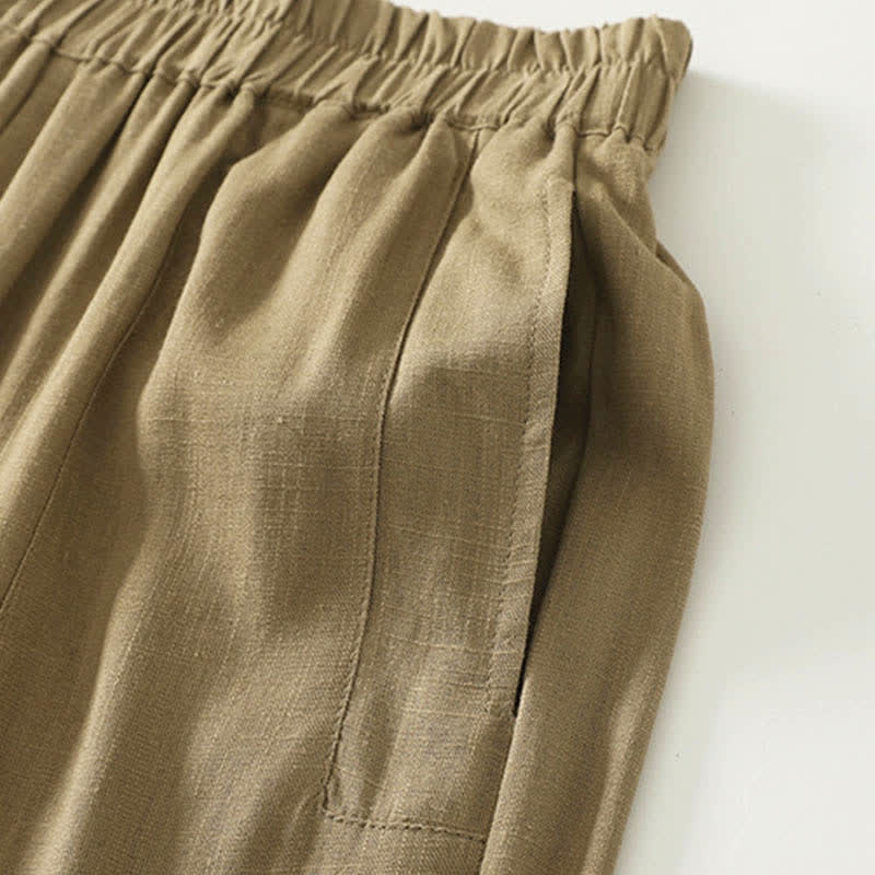 Buddha Stones Pantalon droit pour femme en coton, couleur unie, taille élastique, avec poches, idéal pour le printemps - image 3
