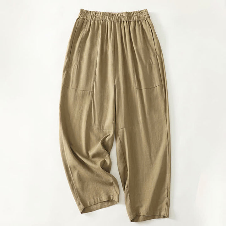 Buddha Stones Pantalon droit pour femme en coton, couleur unie, taille élastique, avec poches, idéal pour le printemps - image 1
